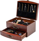 2-laags sieradendoos voor dames, massief houten sieradendoos met handvat, sieradenorganizer voor ringen, oorbellen, ketting, vintage sieradenopslag voor reizen, modern, cadeau-idee