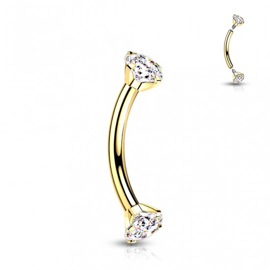 Gouden gebogen barbell piercing met twee zirkonia steentjes.
