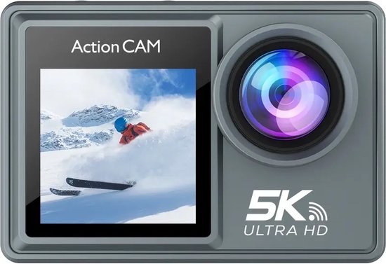 Grijze actiecamera met een skiër op het scherm. 5K ULTRA HD.