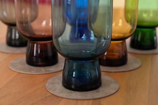 ZICZAC - Sous verre TRUMAN - SET/12 - Faux cuir - double face, facile à nettoyer, antidérapant - Rond - Diamètre 9,5 cm - Taupe