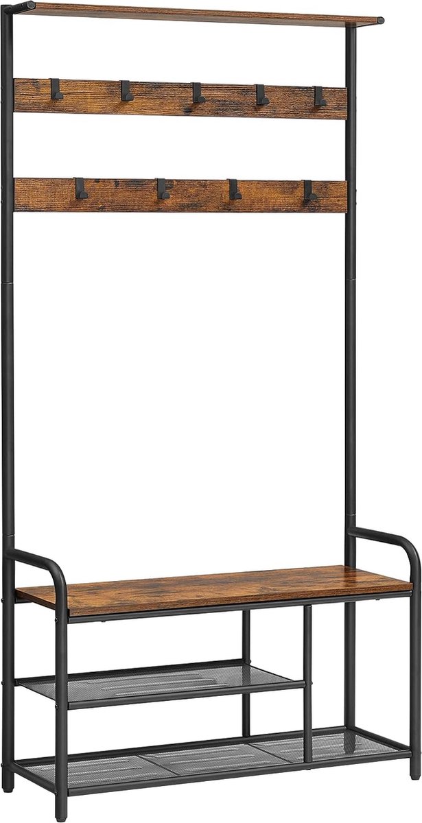 FurnStar - Kapstok met schoenenrek - Garderobe in industriële stijl - Bankje - Haken - Schoenenrek - Robuust metalen frame - 85x30x180.5 cm - Bruin