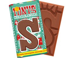 Tony's Chocolonely Chocoladeletter S - Melk Marsepein Chocoladeletter - Schoencadeautjes Sinterklaas - Sint Cadeau - 180 Gram Fairtrade Belgische Chocola