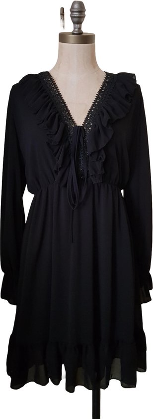 Dames jurk kort met roezel zwart One size