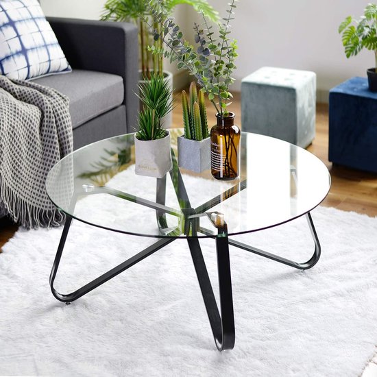 salontafel van gehard glas, Scandinavische minimalistische salontafel, moderne bijzettafel met ijzeren zwarte voet voor thuis, woonkamer, terras, tuin (80 cm x 80 cm x 40 cm)