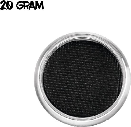Zwarte schmink van 20 gram in een ronde zilverkleurige pot.