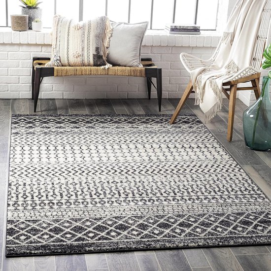 Geometrisch tapijt, modern tapijt, eetkamer, slaapkamer, zacht abstract boho-tapijt, laagpolig tapijt voor eenvoudig onderhoud, groot tapijt, 160 x 220 cm, zwart