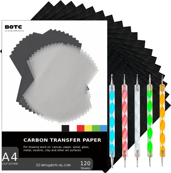 BOTC A4 Carbonpapier - 120 stuks - met 5 Overtrekpennen - Zwart - Overtrekpapier voor Hobby en Tekenen / op hout - BOTC
