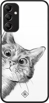 Casimoda® hoesje - Geschikt voor Samsung Galaxy A14 5G - Peekaboo Kat - Luxe Hard Case Zwart - Backcover telefoonhoesje - Wit