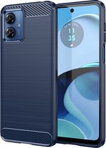 Motorola Moto G14 Hoesje - MobyDefend TPU Gelcase - Geborsteld Metaal + Carbonlook - Blauw - GSM Hoesje - Telefoonhoesje Geschikt Voor Motorola Moto G14