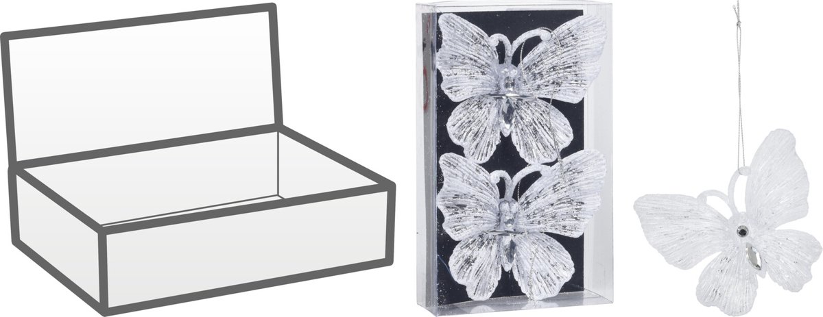 Christmas Decoration kersthangers vlinders -2x-wit glitter - 15 cm