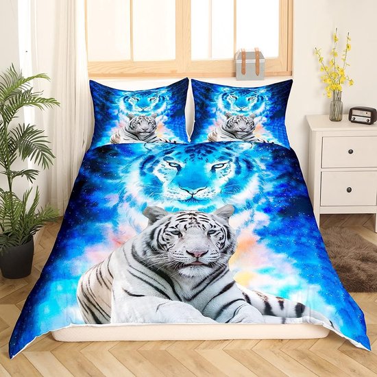 Tbrand Tijgerprint beddengoedset 135x200cm Dekbedovertrekset met wilde dierenthema Blauw Galaxy Bedset voor kinderen Volwassenen Wildlife Safari Cat Print Ultrazachte kamerdecoratie Rits