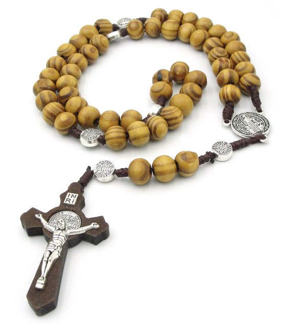 Chapelet marron clair et foncé avec grosses perles en bois et croix avec Jésus