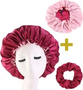Satijnen Bonnet + Scrunchie - Satijnen Slaapmuts - Bonnet voor Krullen - Haar Bonnet - Hair Bonnet - Satin Bonnet - Afro - Unisex - Zwart - Rood - Donker Rood - Red