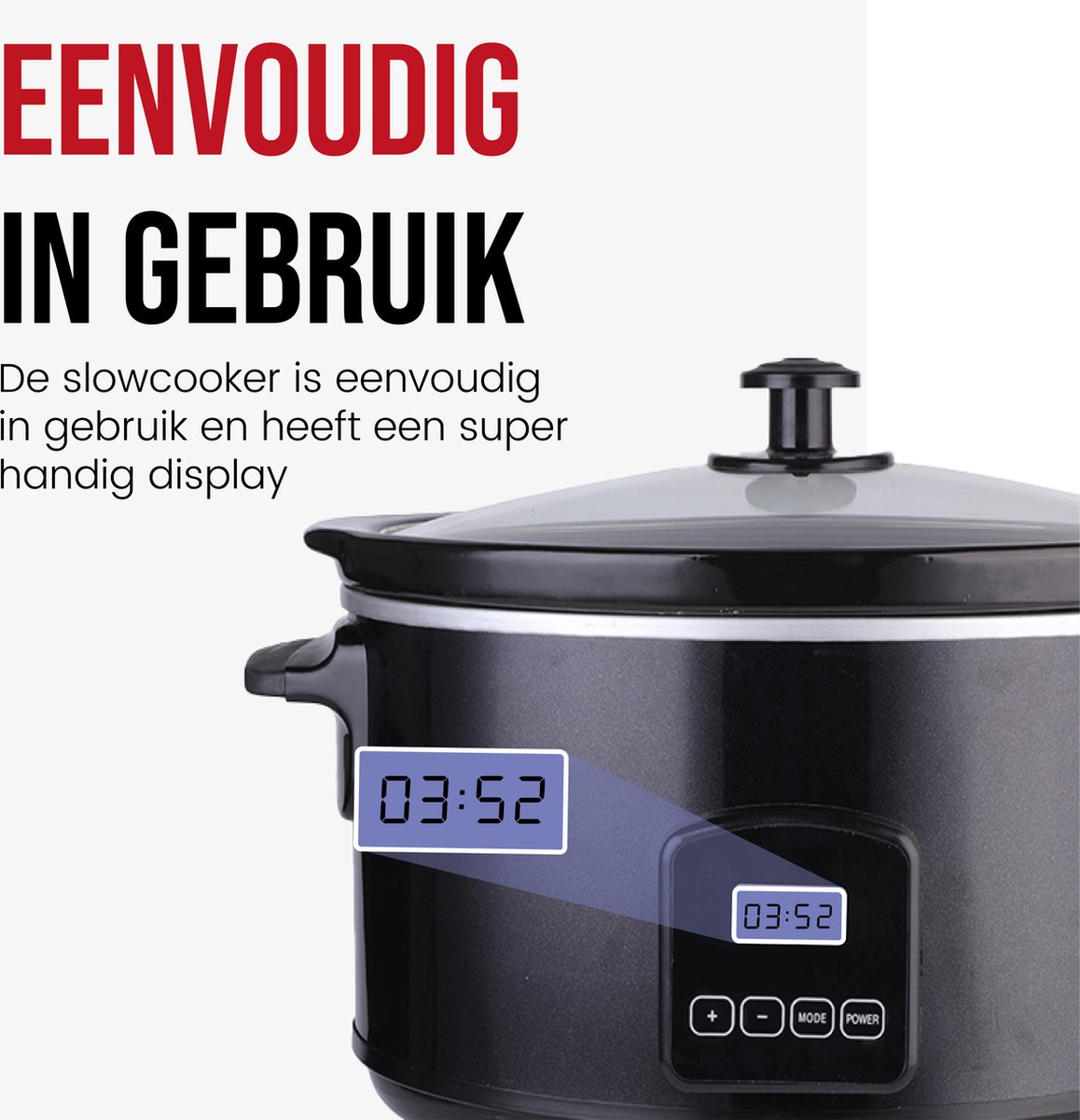 Afbeelding 3 van DistinQ Digitale Slowcooker 6 liter met Timer – Keramische binnenpan - Timerfunctie - Warmhoudfunctie
