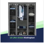 LG Life's Green KM1G XXL opvouwbare kledingkast – Opbergkast – Campingkast – Stalen frame met 225KG draagkracht – duurzaam design stoffen garderobekast – 12 opslag planken en 1 ophangstang – ruimtebesparende kleerkast – grijs – 150x45x175CM