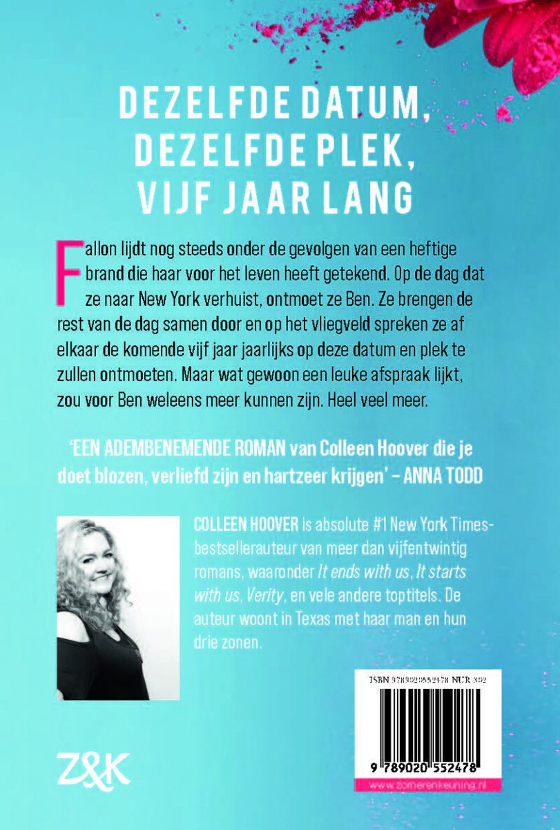 Achterkant van "November 9" van Colleen Hoover met tekst en foto van de auteur.