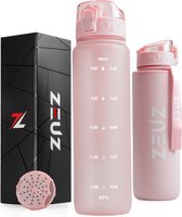 ZEUZ Motivatie Waterfles 1 Liter met Tijdmarkeringen – Motiverende Drinkfles – Volwassenen & Kinderen - BPA Vrij – 1000 ML - Roze