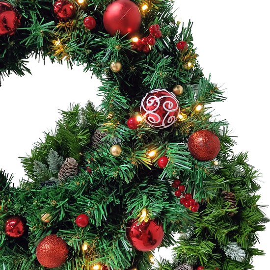 Buxibo PVC Kerstkrans met Decoraties - Groen - Met 40 Lampjes op Batterijbox - 150 Takken - 50cm