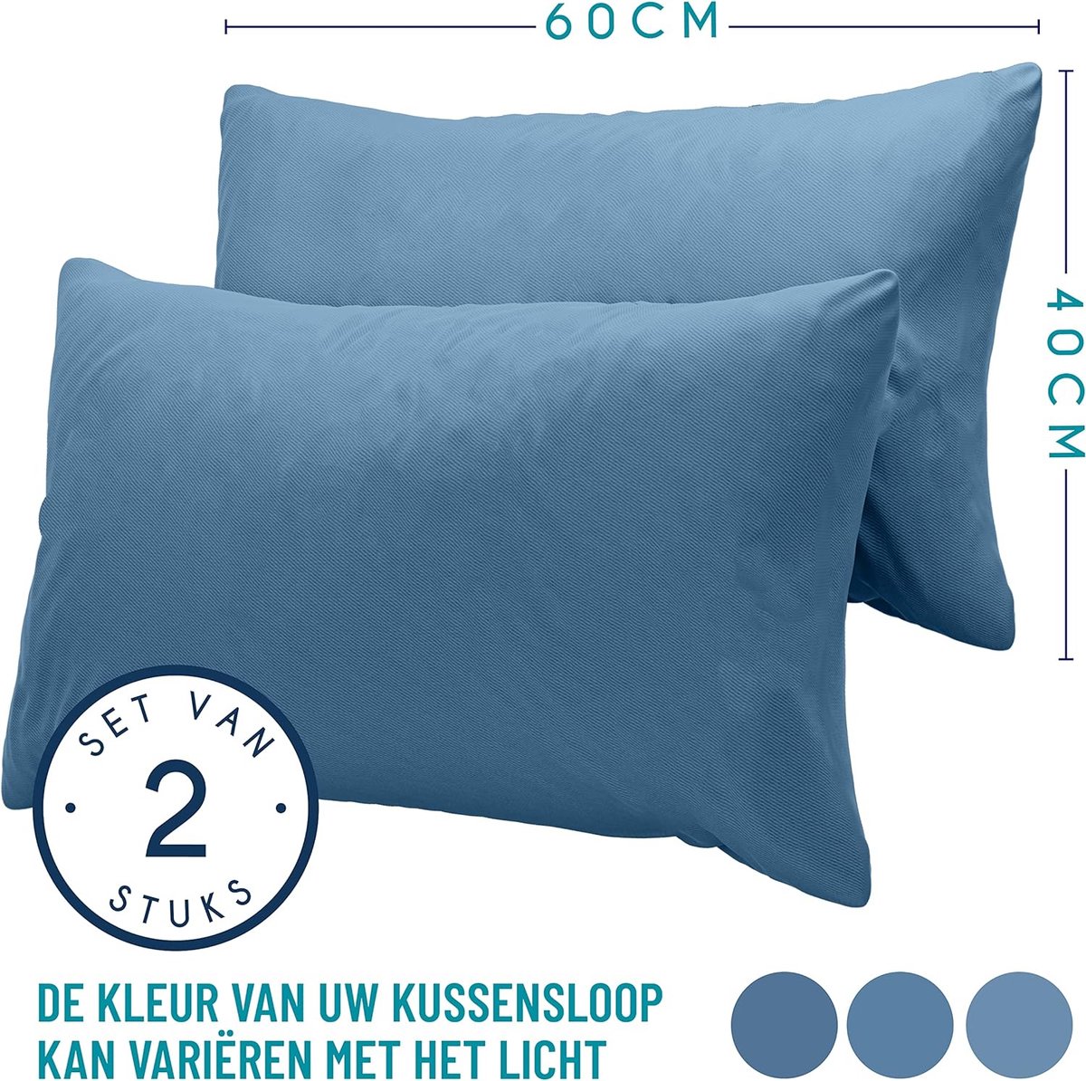 Azalia Kussensloop (Set van 2) – Blauw Katoen - Voor Kussens 40 x 60 cm - 100% Jersey Katoen - Beddengoed Dubbel Bed Kussensloop - Kussenbeschermer - Bestendig en Hypoallergeen