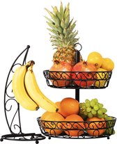 Fruit etagère en bananenstandaard als decoratieve set, zwart fruitschaal, metalen fruitschaal met standaard voor extra veel bananen