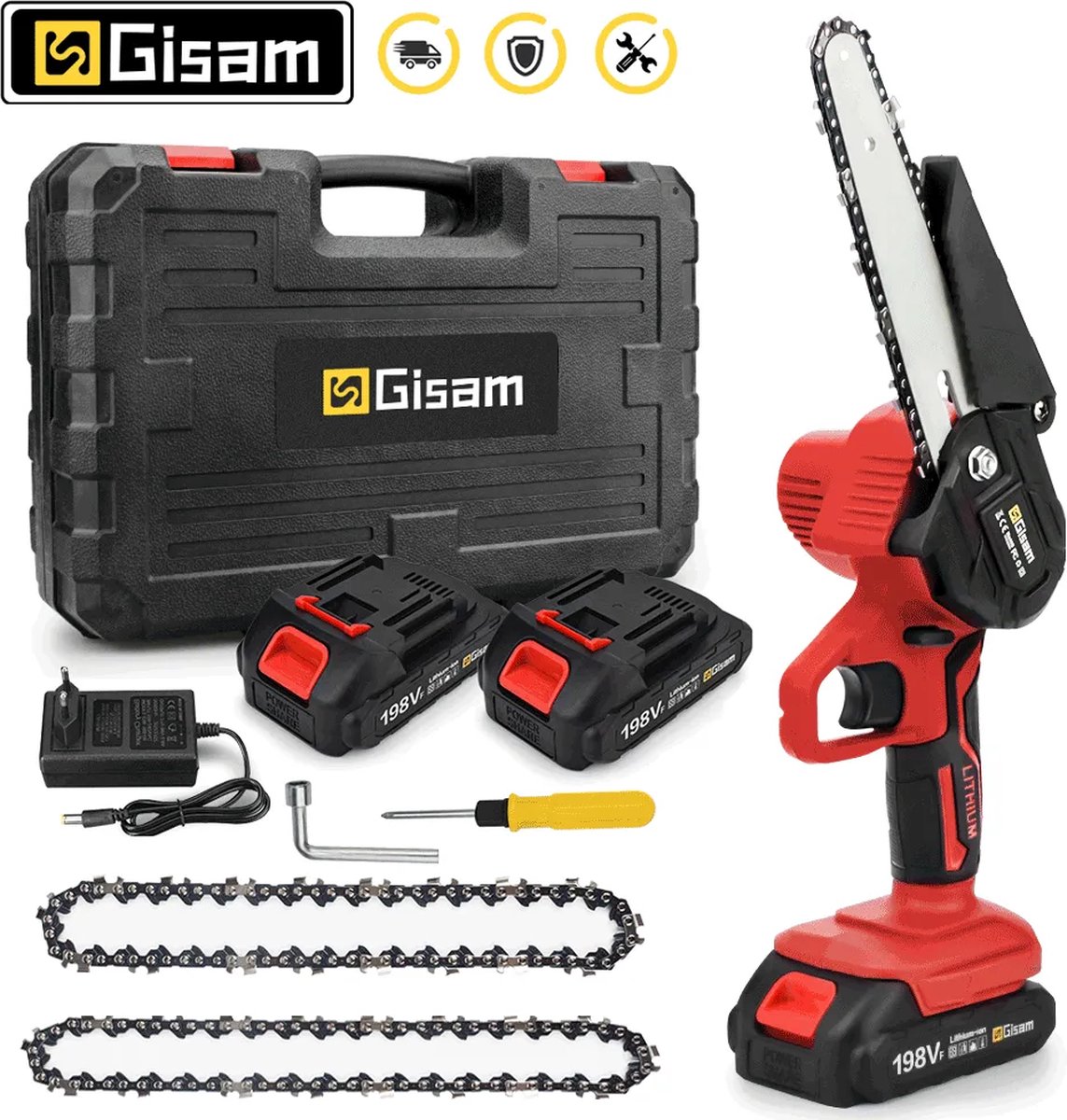 GISAM - Elektrische Kettingzaag - Oplaadbaar - 2 Batterijen - 6 Inch - Red