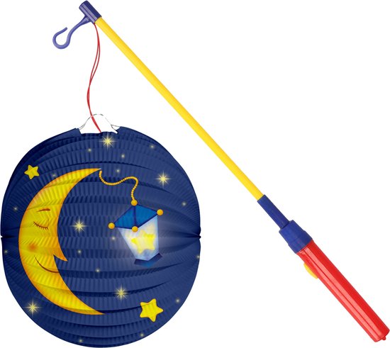 Lanterne boule lune - bleu foncé - 22 cm - papier - avec bâton de lanterne - 40 cm