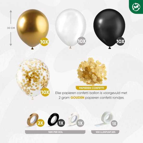 Fissaly 40 stuks Goud, Zwart & Wit Helium Ballonnen met Lint – Versiering Decoratie – Papieren Confetti – Latex - Fissaly