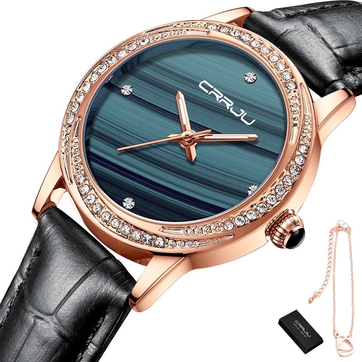 CRRJU® - Horloge Dames - Cadeau voor Vrouw - Incl. Armband - 32 mm - Zwart Rosé
