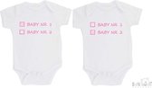 100% katoenen Rompers 2-pack "Baby nr. 1 & Baby nr. 2" Meisjes Tweeling Katoen Wit/roze Maat 62/68