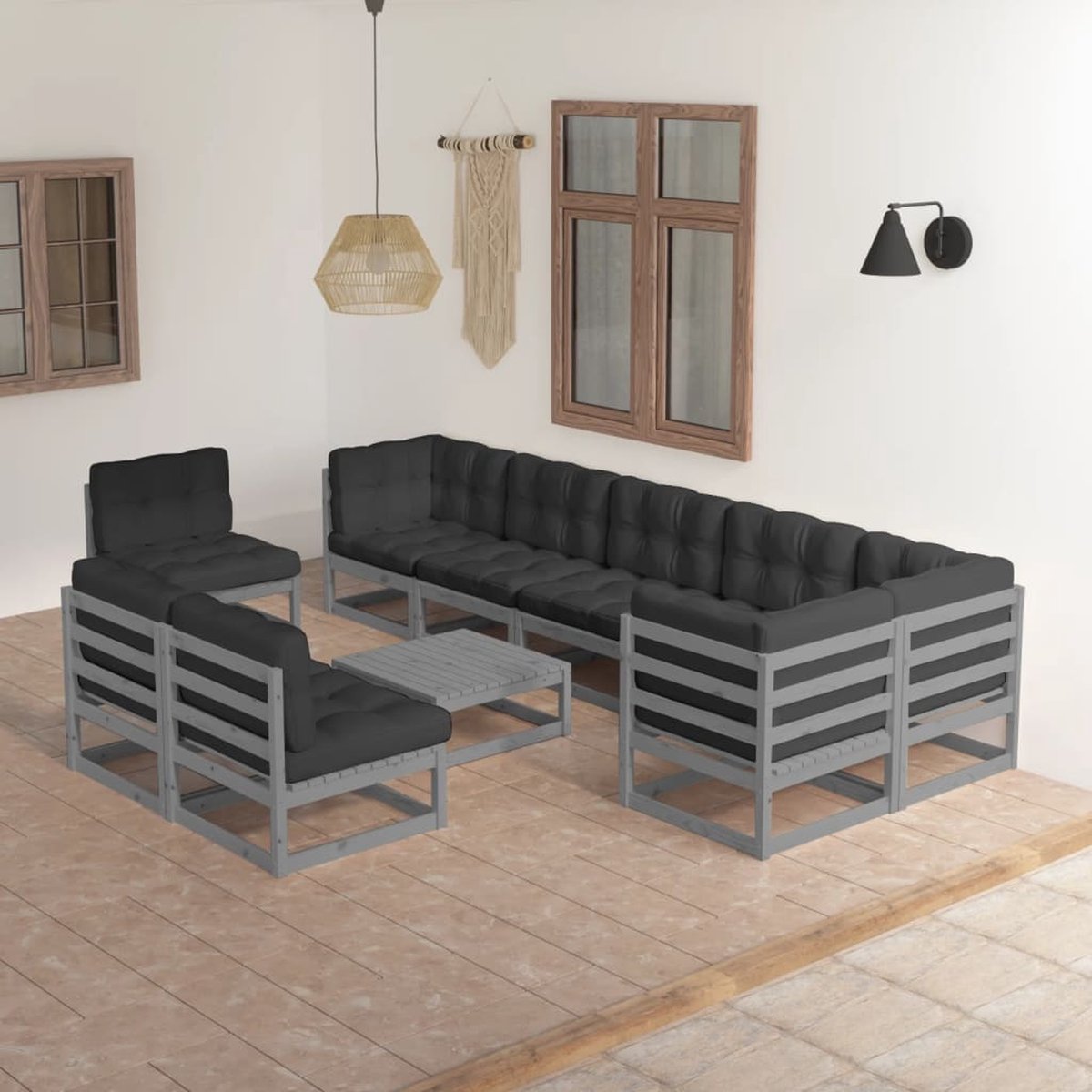 The Living Store 10-delige Loungeset met kussens massief grenenhout - Tuinstoel - Lounge Set - Buis Meubel - Houten Bank - Outdoor Furniture