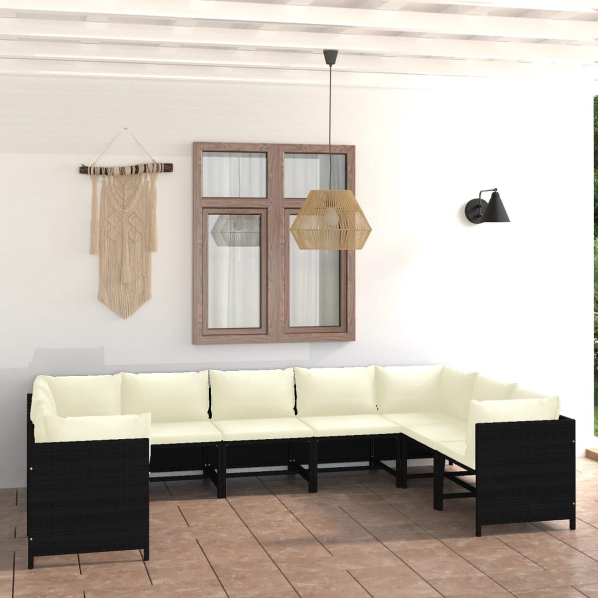 The Living Store 9-delige Loungeset met kussens poly rattan zwart - Loungehoek - Tuinset - Loungebank - Outdoor Meubels - Tuinmeubilair