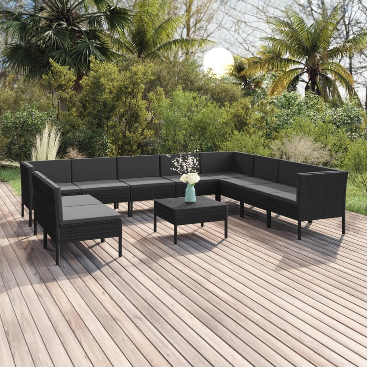 The Living Store 11-delige Loungeset met kussens poly rattan zwart - Loungestoel - Tuinset - Buitendiner - Loungegroep - Tuinlounge