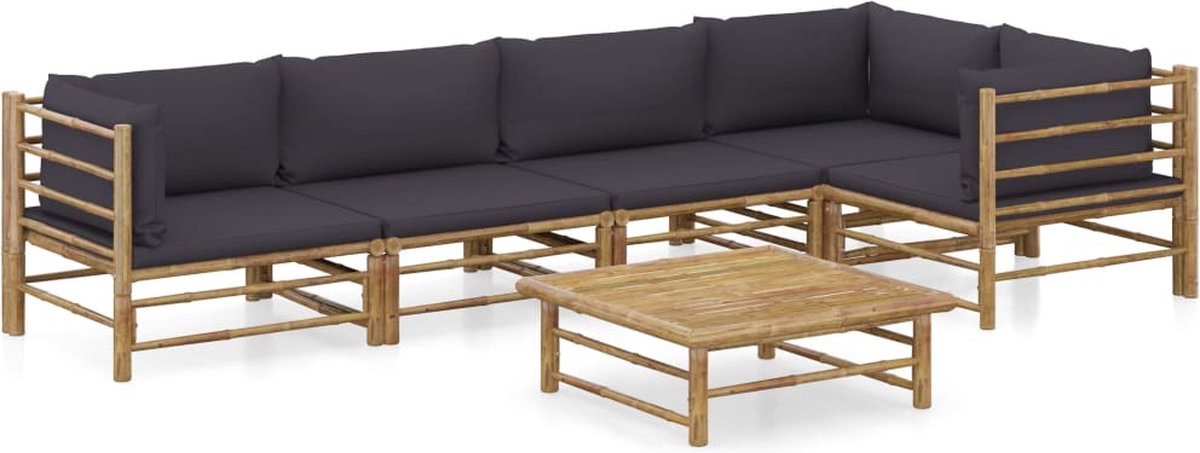 Loungeset van bamboe met donkergrijze kussens voor buiten - Tuinmeubels met loungehoek