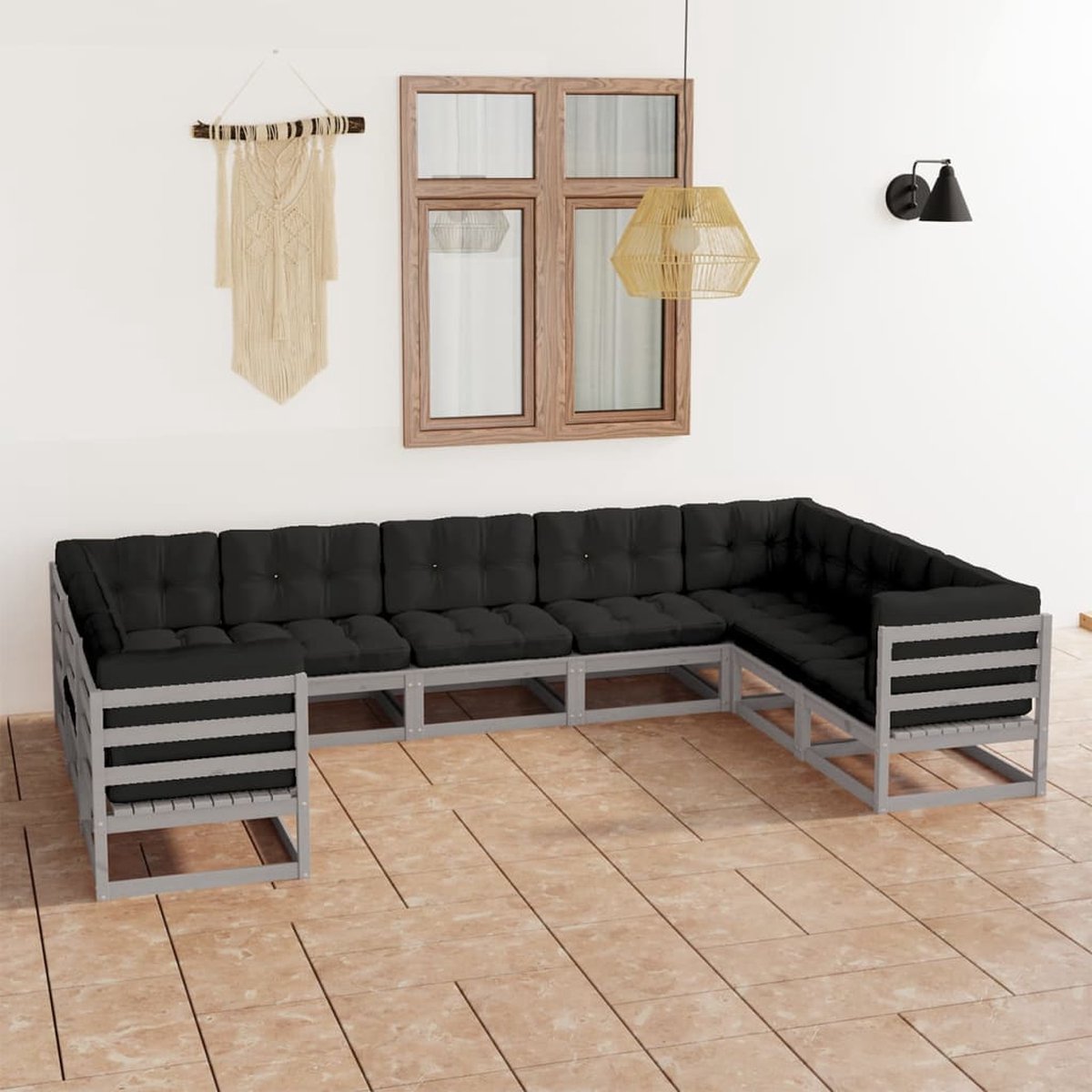 The Living Store 9-delige Loungeset met kussens massief grenenhout grijs - Loungeset - Tuinset - Houten Lounge - Tuinmeubels - Grenenhout