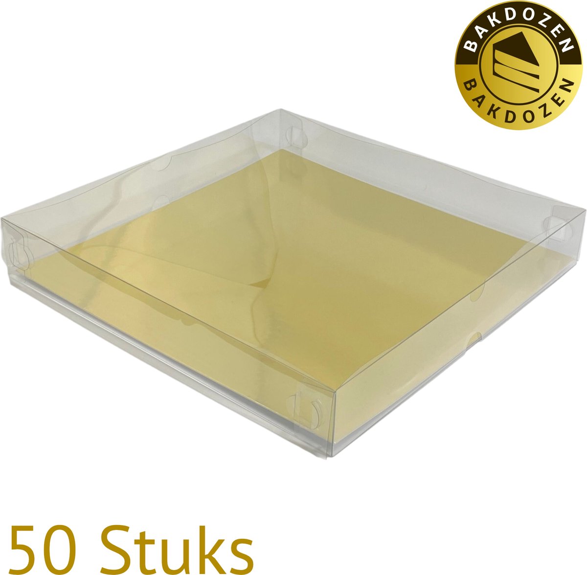 Bakdozen.nl - Bonbon Doosjes - Sweetbox / Gebaksdoos met Transparant Deksel en Gouden Bodem - 50 Stuks - 29.5 x 29.5 x 4.5 cm