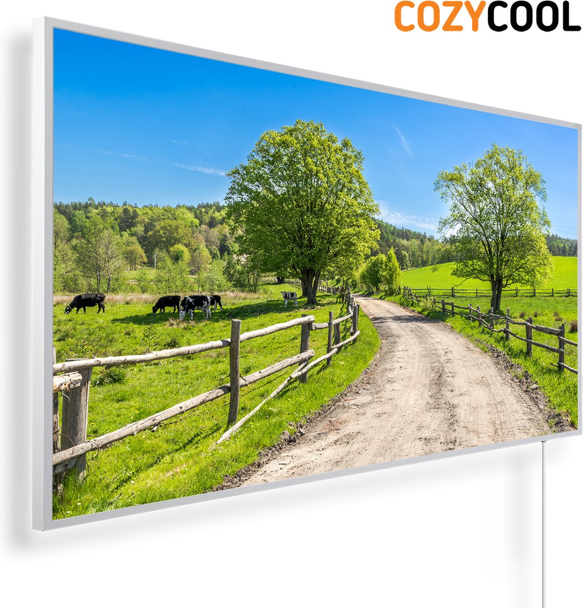Infraroodpaneel met afbeelding | Landschap met weg en weilanden | 1200 Watt | Witte lijst | Infrarood verwarmingspaneel | Infrarood paneel | Infrarood verwarming