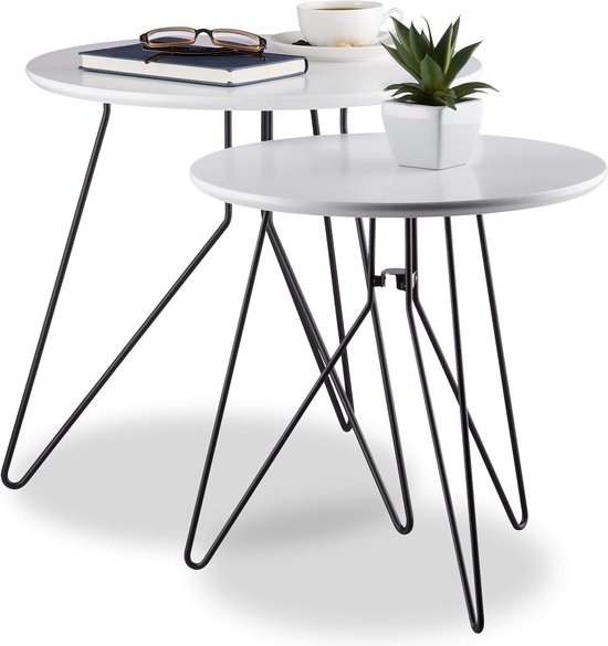 Bijzettafel set van 2, ronde tafeltjes met metalen frame, tafelblad, 40 en 48 cm, MDF, zwart-wit, standaard