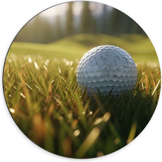 Dibond Muurcirkel - Gras - Golf - Golfbal - 70x70 cm Foto op Aluminium Muurcirkel (met ophangsysteem)