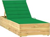 The Living Store Loungebed - Hout - 198x68x(28-75)cm - Verstelbare rugleuning - Groen kussen