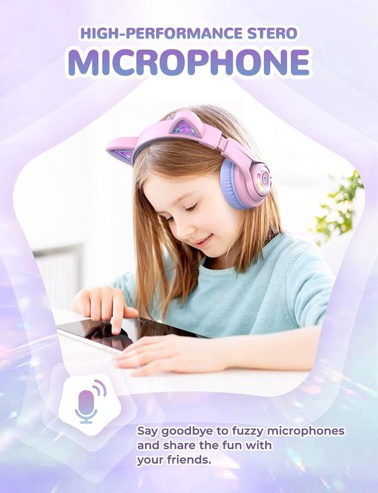 iClever - BTH13 - draadloze junior koptelefoon - met katten oortjes - volumebegrenzing - RGB led lights - microfoon - lange batterijduur (paars/roze) - iClever