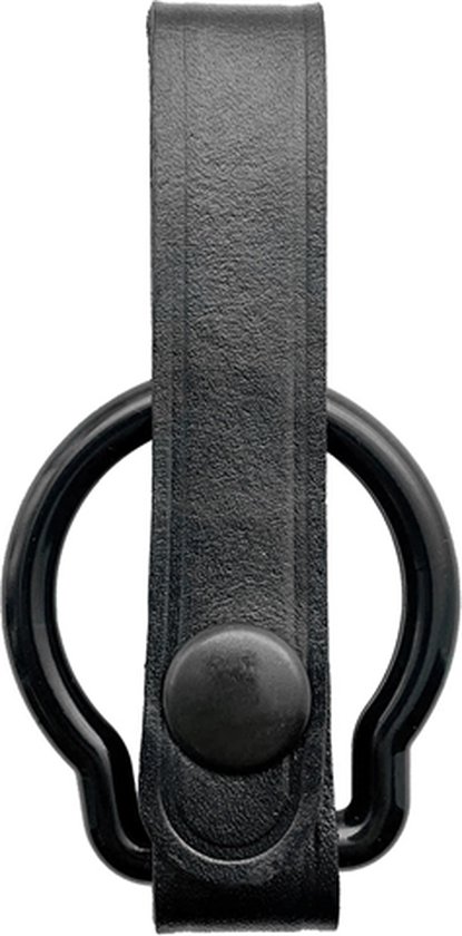 Zwarte lederen riemhouder met een ring, bevestigd met een knoop.