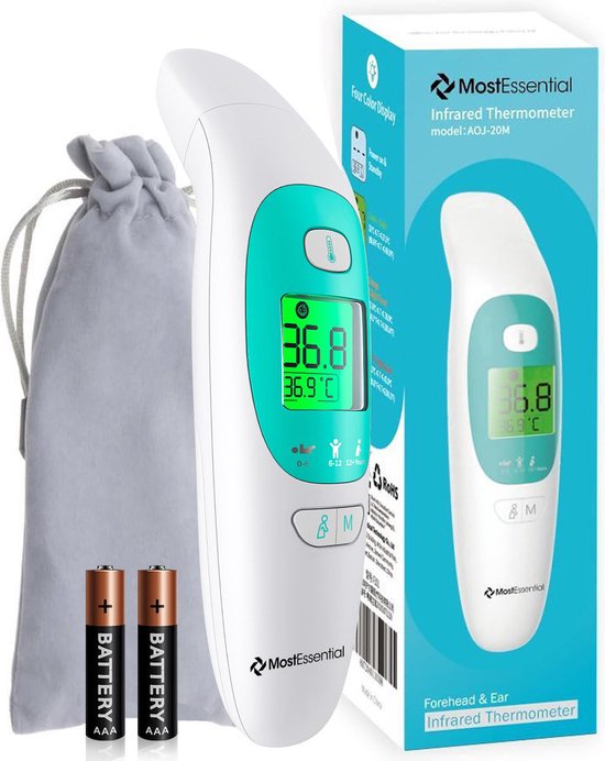 MostEssential Premium Koortsthermometer - Oorthermometer - Infrarood Thermometer - Thermometer Voorhoofd - Thermometer Lichaam - Koortsthermometer voor Volwassenen, Kinderen en Baby's - Contactloos - 20M