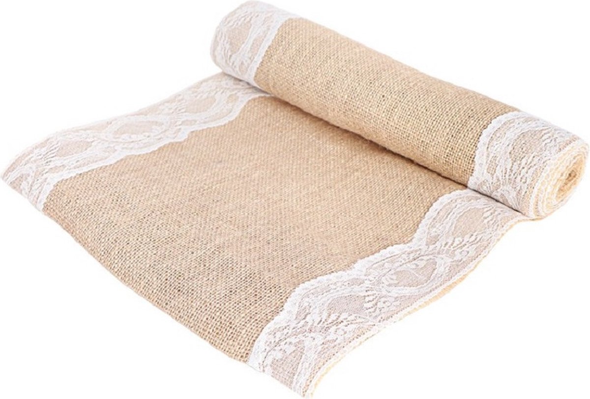 Chaks Jute tafelloper - 2x - met wit kant - 30 x 300 cm - Tafeldecoratie versieringen