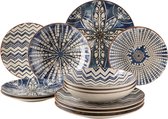 Vaisselle Blue 12 pièces pour 4 personnes de style mauresque, service d'assiettes avec différents motifs vintage en blanc et bleu, grès