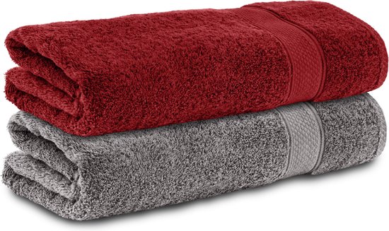Komfortec 2x Handdoek 50x100 - 100% Katoen – Handdoekenset - Zacht - Antracietgrijs&Rood