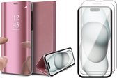 Hoesje geschikt voor iPhone 15 - 2x Screen Protector GlassGuard - Book Case Spiegel Roségoud & Screenprotector