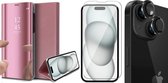 Hoesje geschikt voor iPhone 15 - Screenprotector GlassGuard & Camera Lens Screen Protector Zwart - Book Case Spiegel Roségoud