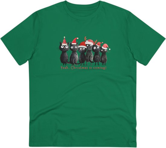 T Shirt Dames Heren - Kerstmis Komt Eraan - Met Grappige Katten Illustratie Print - Groen - L