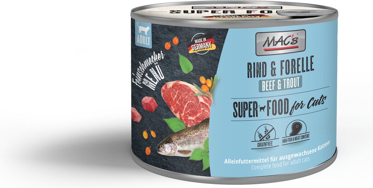 MACs MAC's superfood kattenvoer - Fijnproever Natvoer Blik - Rund & Forel 6x 200g - hoog vers vleesgehalte 98,4%