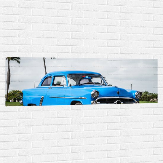 Muursticker - Oude Blauwe Vintage Auto bij Palmbomen - 150x50 cm Foto op Muursticker